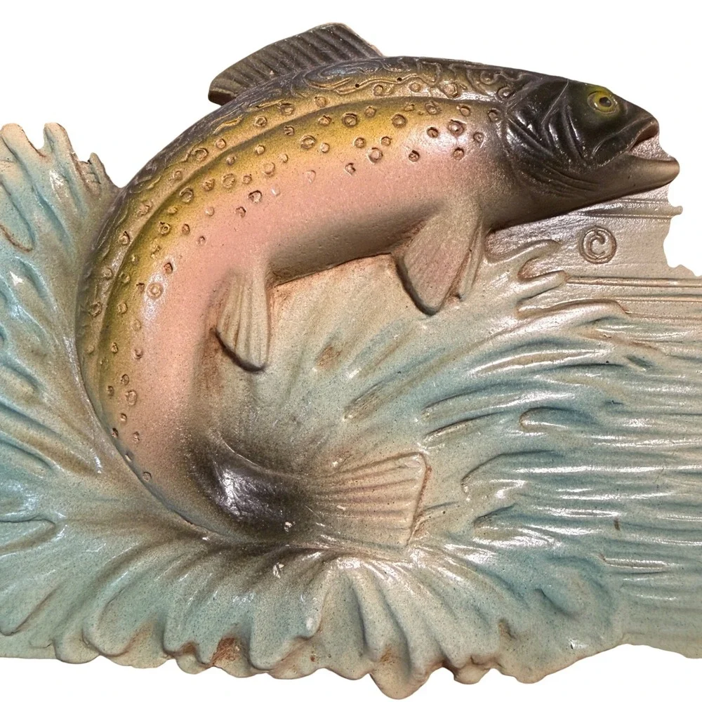 Vintage Orn-A-Craft Jumping Trout Fish 3D Relief Wall Plaque Rustic Cabin Decor